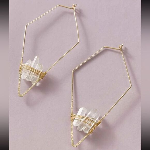 Crystal Quartz Stone Gold Geometric Triangle Hoop Statement Earrings - Picture 3 of 14